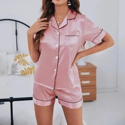 Women's Silk Satin Two-Piece Pajama and Loungewear Set - M (Pink)