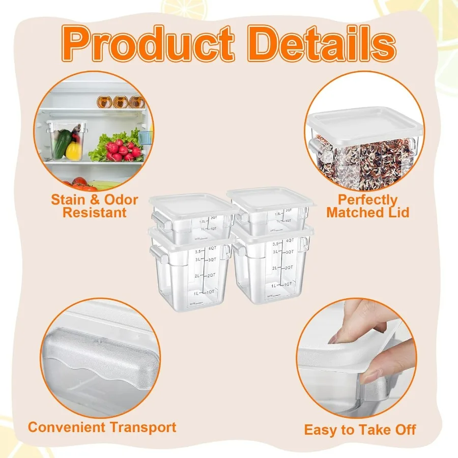 8 Pcs Food Storage Container with Lids Set 2qt and 4qt Square Clear Commercial Containers with Scales Handles for Home Restauran view 3