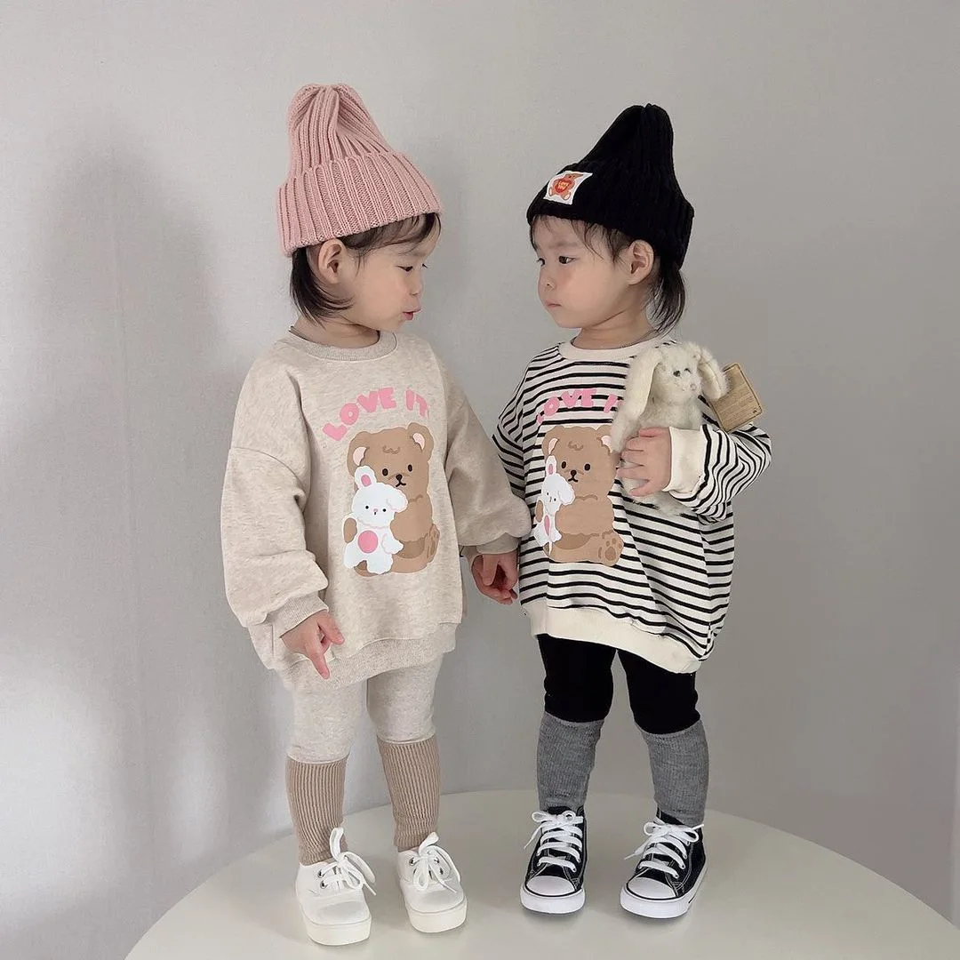 Spring Boy Children Cute Bear Print Long Sleeve T-shirt Girl Baby Cartoon Casual Sweatshirt Infant Cotton Tops Toddler Tees