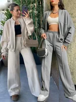 TRAFZA 2024 Autumn Women's Thick Hoodie Coat + Drawstring High Waist Loose Casual Pants Set Lined Fleece Woman's Clothing Street 1