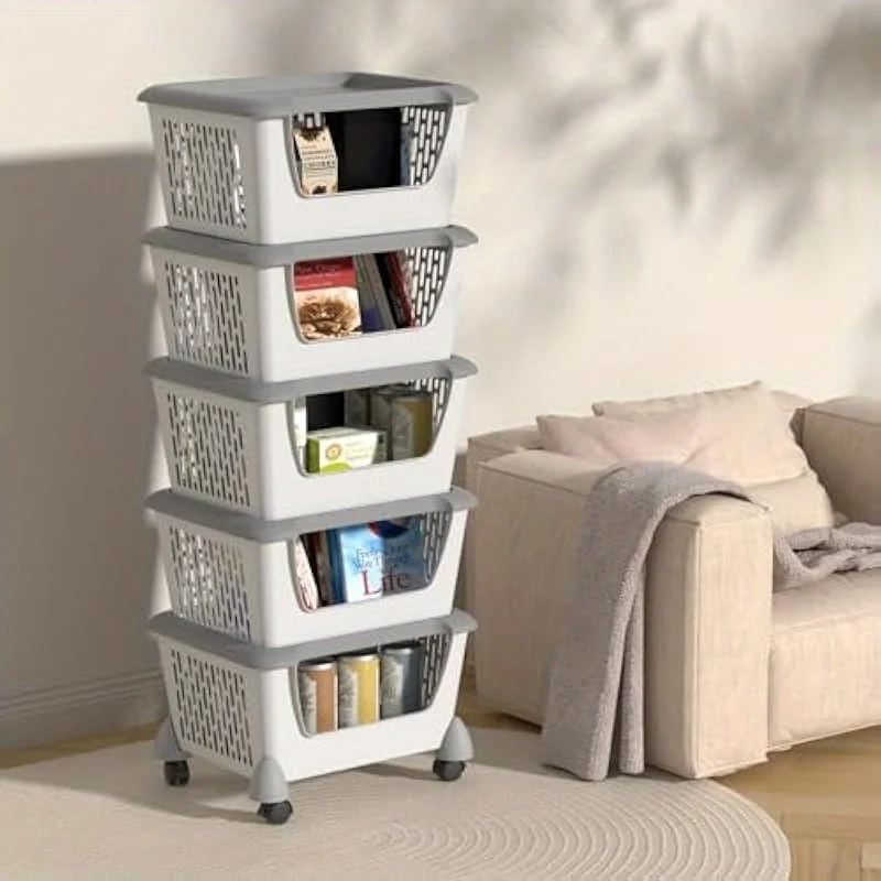 5 Tier Plastic Stackable Basket Cart with Wheels Plastic Stacking Container Bin Utility Rack for Kitchen Pantry Bathroom 4