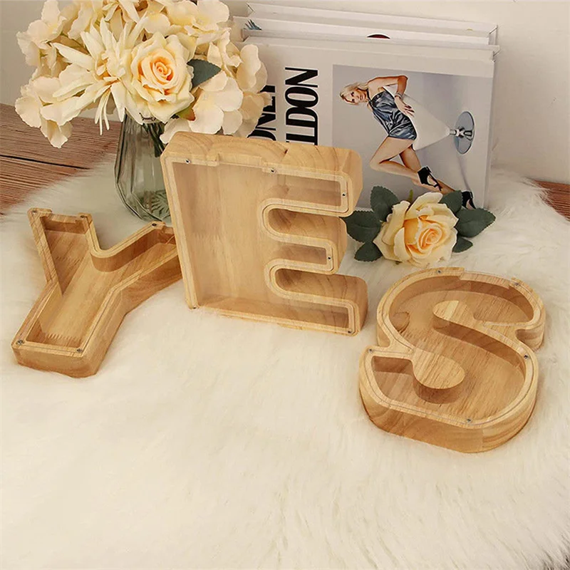 Description Picture 4 of item18cm Twenty-six Letter Piggy Bank Wooden Coin Money Saving Box Jar Coins Storage Box Desktop Ornament Home Decor Craft Xmas Gift