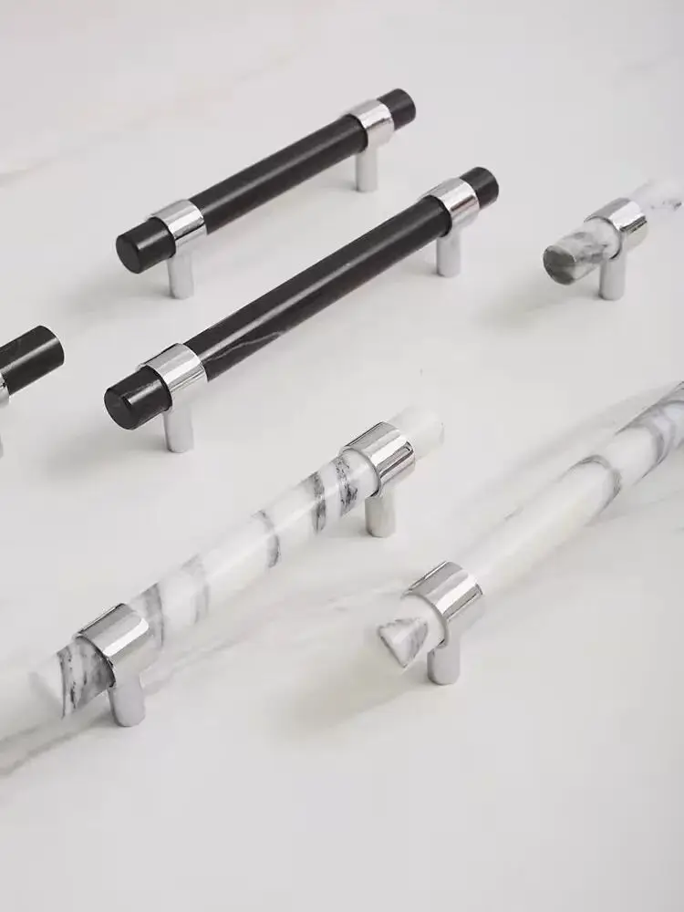 Móveis de Mármore Natural t Bar Knobs Cromo Brilhante Roupeiro de Latão Puxa Hardware Simples Nórdico do Armário Branco e Preto