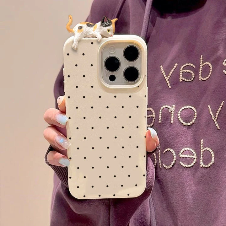 Korea Lovely Dot 3D Cartoon Leather Shockproof Cat Phone Case