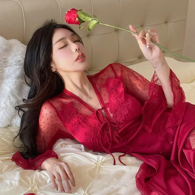 

Dress Elegant Lingerie Bride Sleeve Silky Women Faux Satin Sexy Night Nightgown Pamajas Summer Long Gowns Sleepwear Lace French
