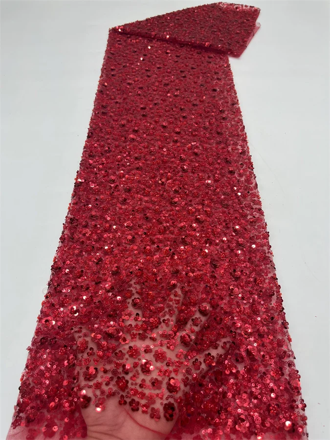 

Высококачественная кружевная ткань ручной работы из бисера Красная Вышивка французское кружевное свадебное платье вышитая Аква Тюлевая ткань