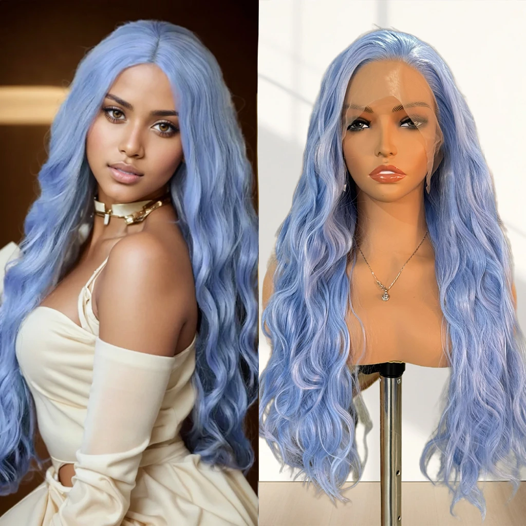 

Light Blue Wig Synthetic Lace Front Wig for Women Lace wigs Reday to Wear Deep Wave Wigs Daily Long Blue Hair Cosplay Anime