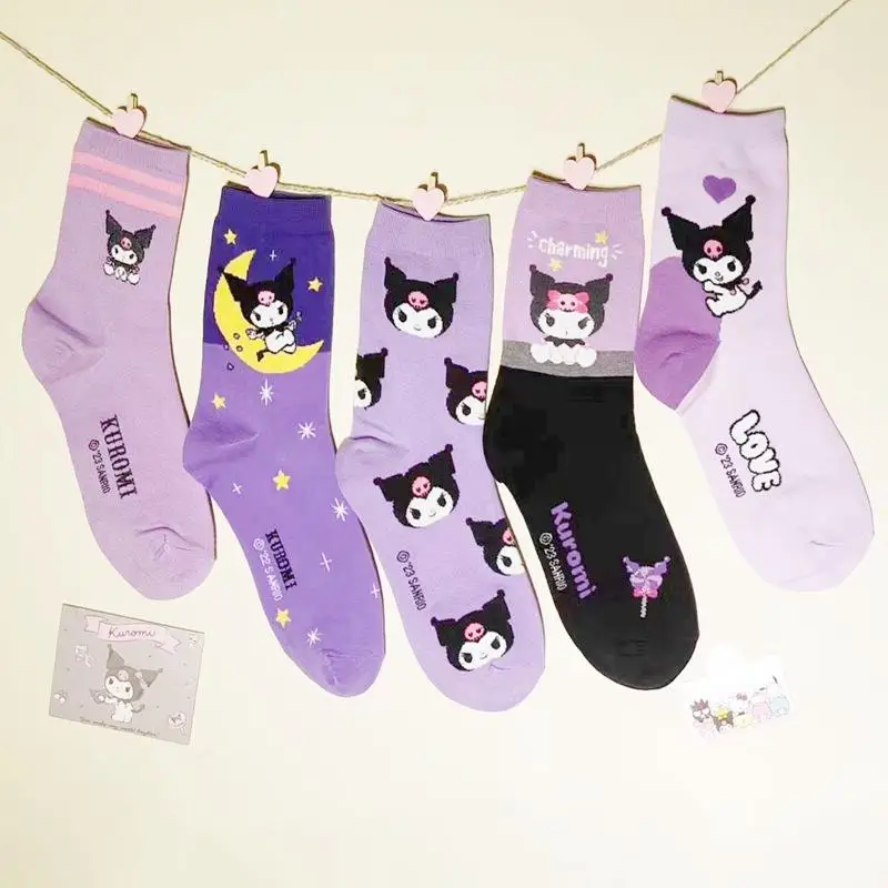 

Милые хлопковые носки Kawaii Sanrio Kuromi, женские носки средней длины с мультяшным рисунком, фиолетовые модные носки, мягкие дышащие милые короткие носки для девочек
