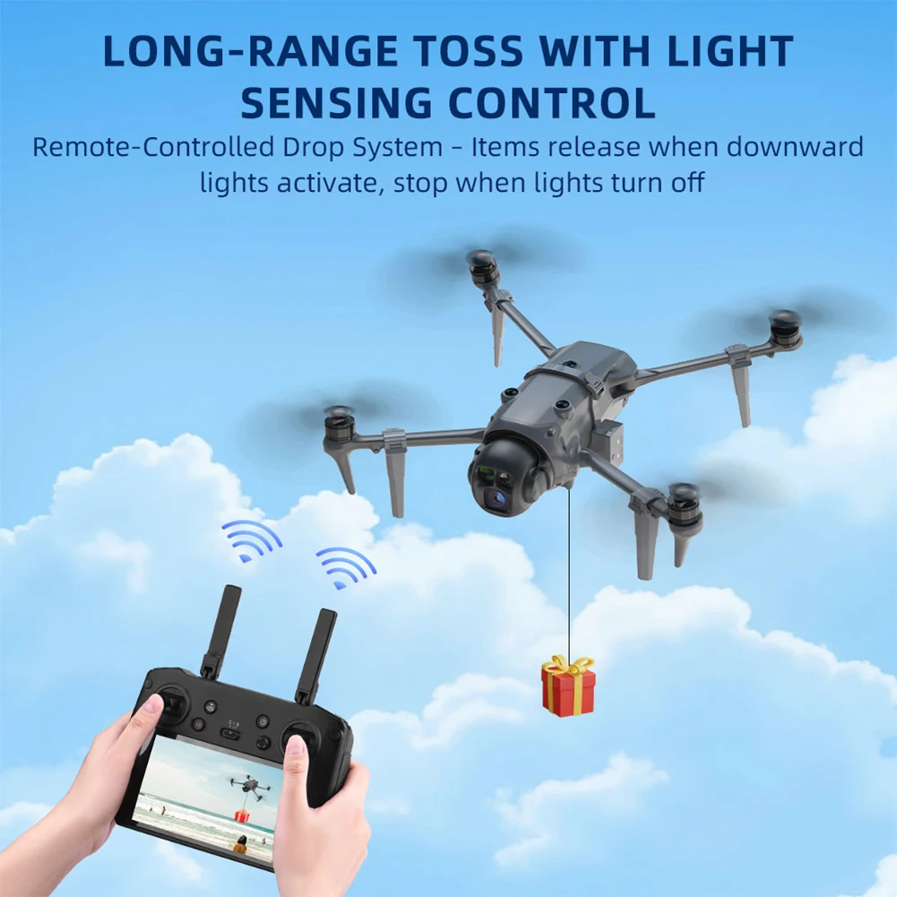 Airdrop fixé sous un DJI Mavic 4 Pro en vol, larguant un colis.