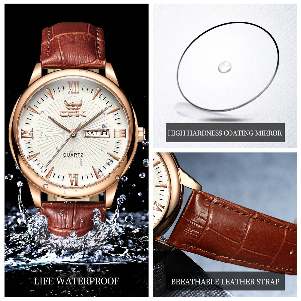 OPK-Montres-bracelets à quartz pour hommes, calendrier des touristes, montre originale pour hommes, étanche, horloge de luxe en cuir, nouvelle mode classique, 6014
