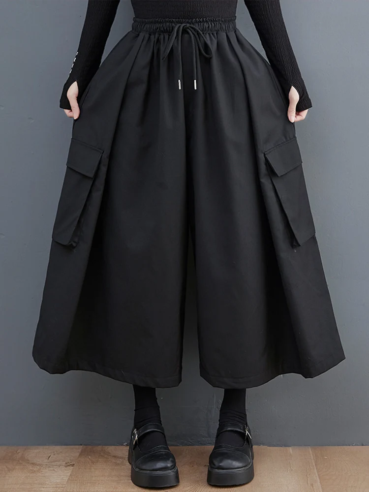 Black Vintage High Elastic Waist Drawstring Wide Leg Pants Women Loose Casual Pocket Fashion Ladies Trousers Spring Summer 2025