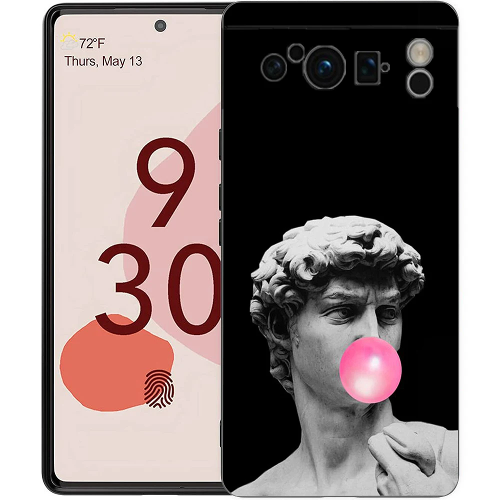 Artistic Shockproof Black Silicone Phone Case with David and Mona Lisa Design