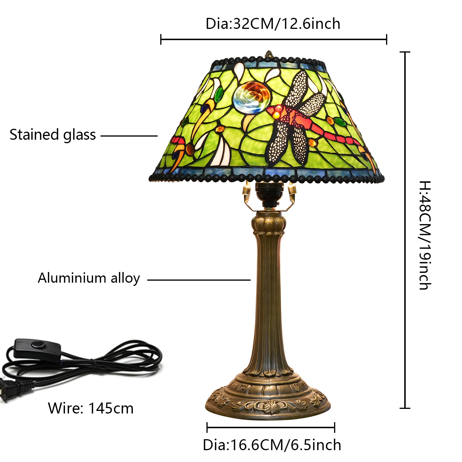 12 Inches Lampshade Stained Glass American Dragonfly Flower Vintage Bronze Flush Mount Tiffany Table Lamp 2