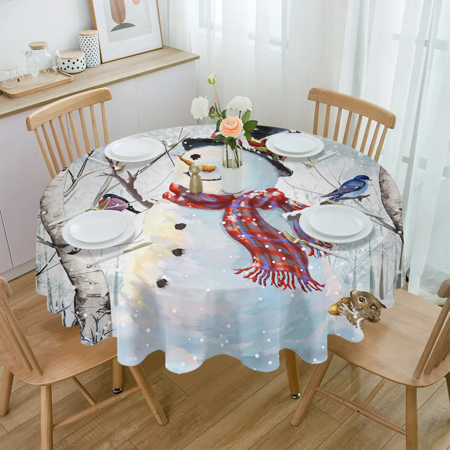 

Скатерть круглая водостойкая, круглая скатерть с изображением рождественского снеговика, ветки Робина, белки, для свадебной вечеринки