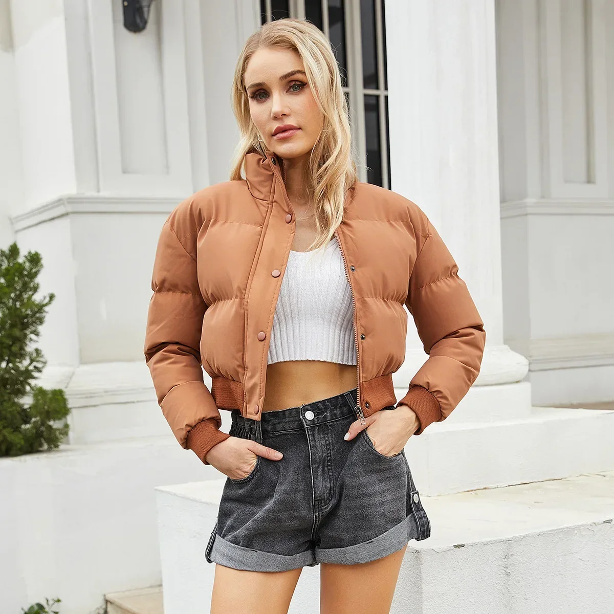 

2023 New Autumn Winter Women's Jacket Fashion Short Cotton-Padded Coat Female Long Sleeve High Neck Casual Wadded Jackets