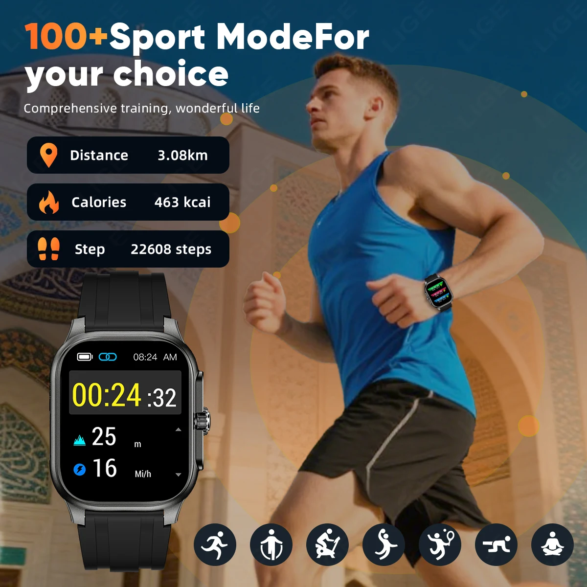 LIGE Islamic Quran Watch for Muslim 2.01"Smartwatch with Quran Recitation Prayer Bluetooth Call IP68 Waterproof Smart Watch Men