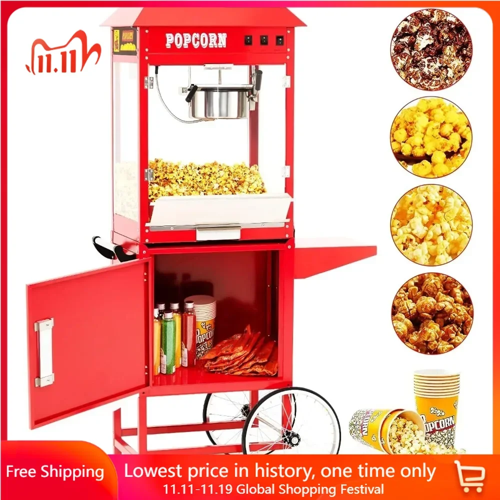 Commercial Popcorn Machine with Cart, 8 Oz Kettle, 3 Mins Professional Popcorn Maker Makes Up To 60 Cups, for Movie Theater