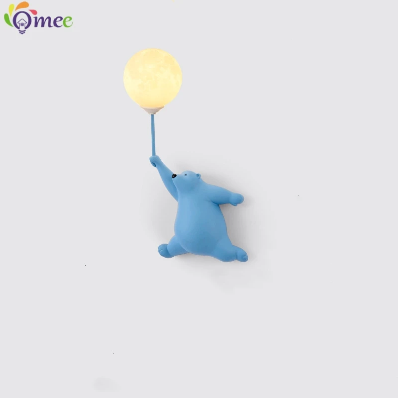 Cartoon Balloon Bear Wall Lamp for Children Room Kids Baby Bedroom Bedside Wall Light with 3D Printing Moon Wall Sconce Lighting