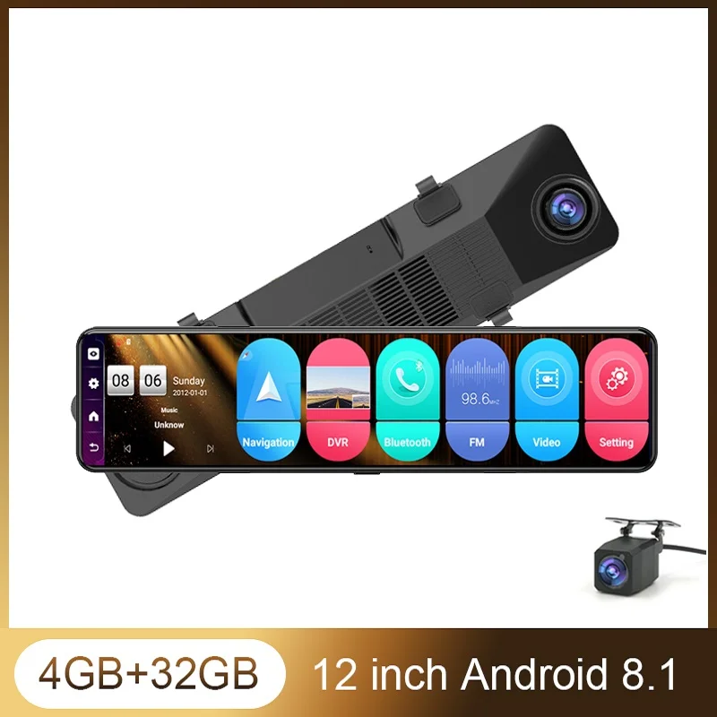 Car Rearview Mirror Video Recorder 12 Inch Dual Lens Dashcam Android 8.