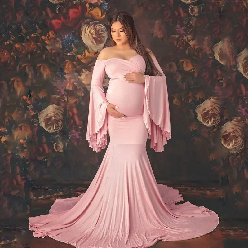 

Maternity Photography Props Maternity Gown Photo Shoot Sexy Boho Shoulderless Bell Sleeves Maxi Long Dress Pregnancy Mermaid