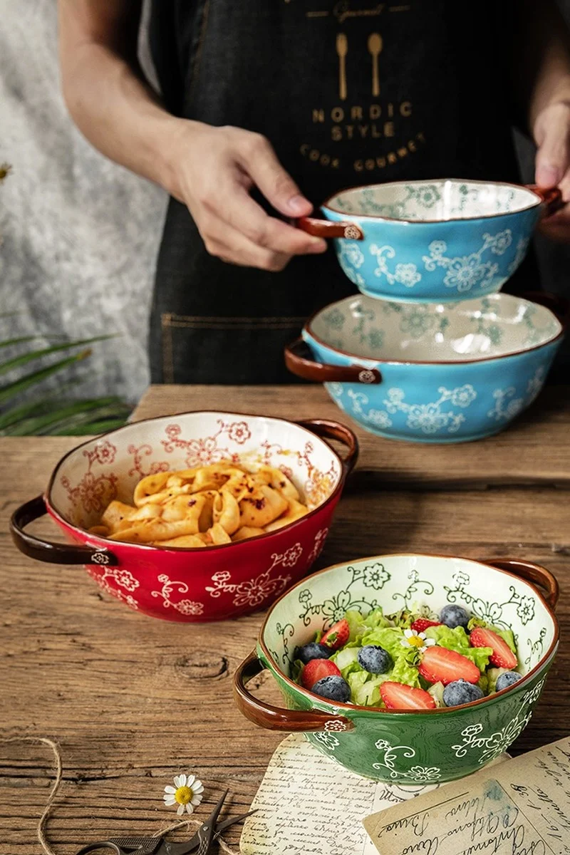 New Cherry Bianual Hollow Handle Ceramic Dessert Bowl Household Cutlery Creative Pasta Soup Noodles Red Green | Дом и сад