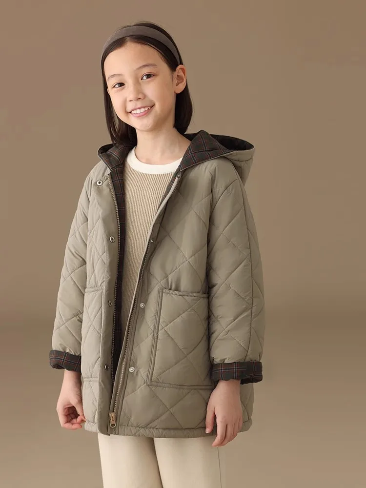 

Winter Boys Girls hooded Coat Children's Cotton Clothes Casual Style Diamond Lattice Middle Small Children's Wadded Jacket