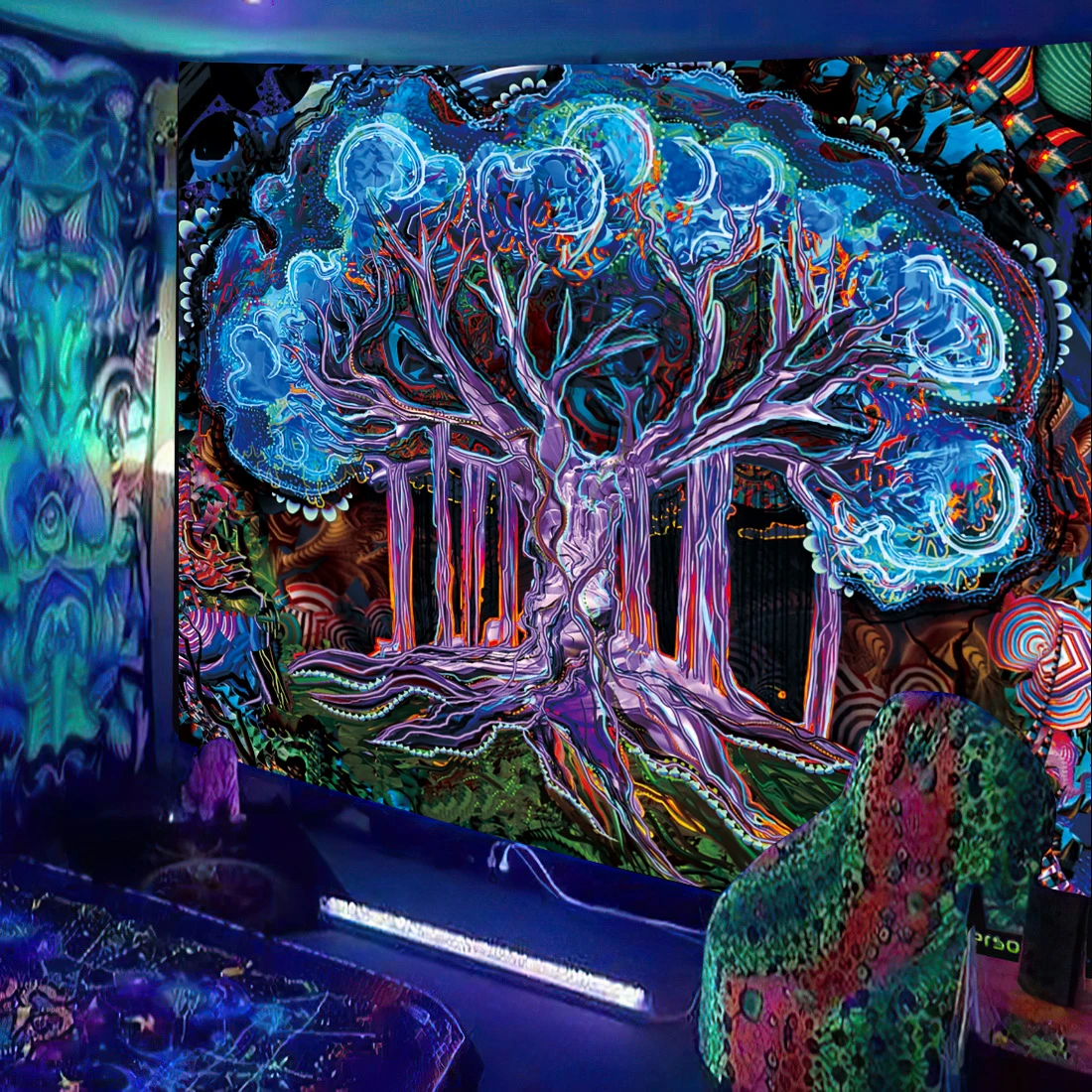 Black Light Tapestry UV Reactive Psychedelic Mushroom Fractal Art Wall Hanging Bedroom Dorm Separate Room Decoration