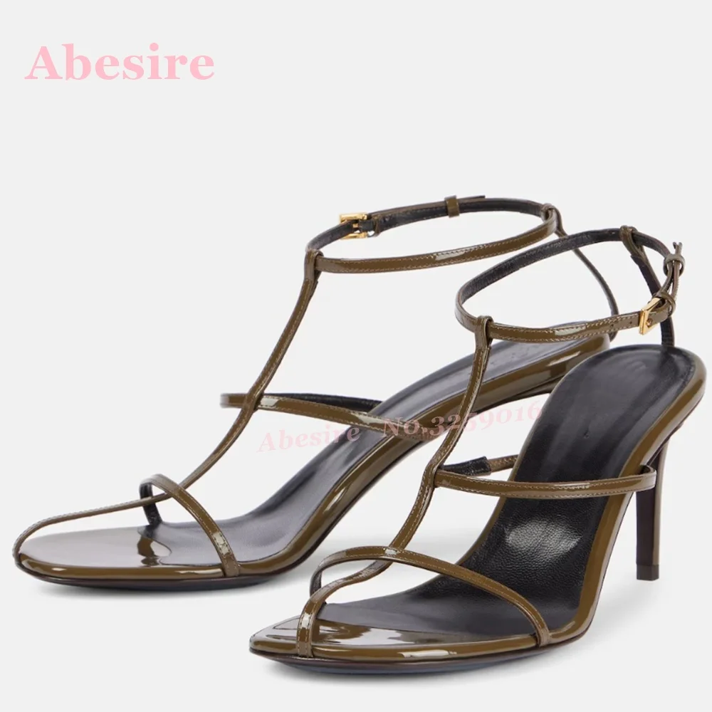 Brown Cut Out Slingback Sandals Round Toe Stiletto Summer Sandals Women Solid Glossy Thin High Heels Sexy Luxury