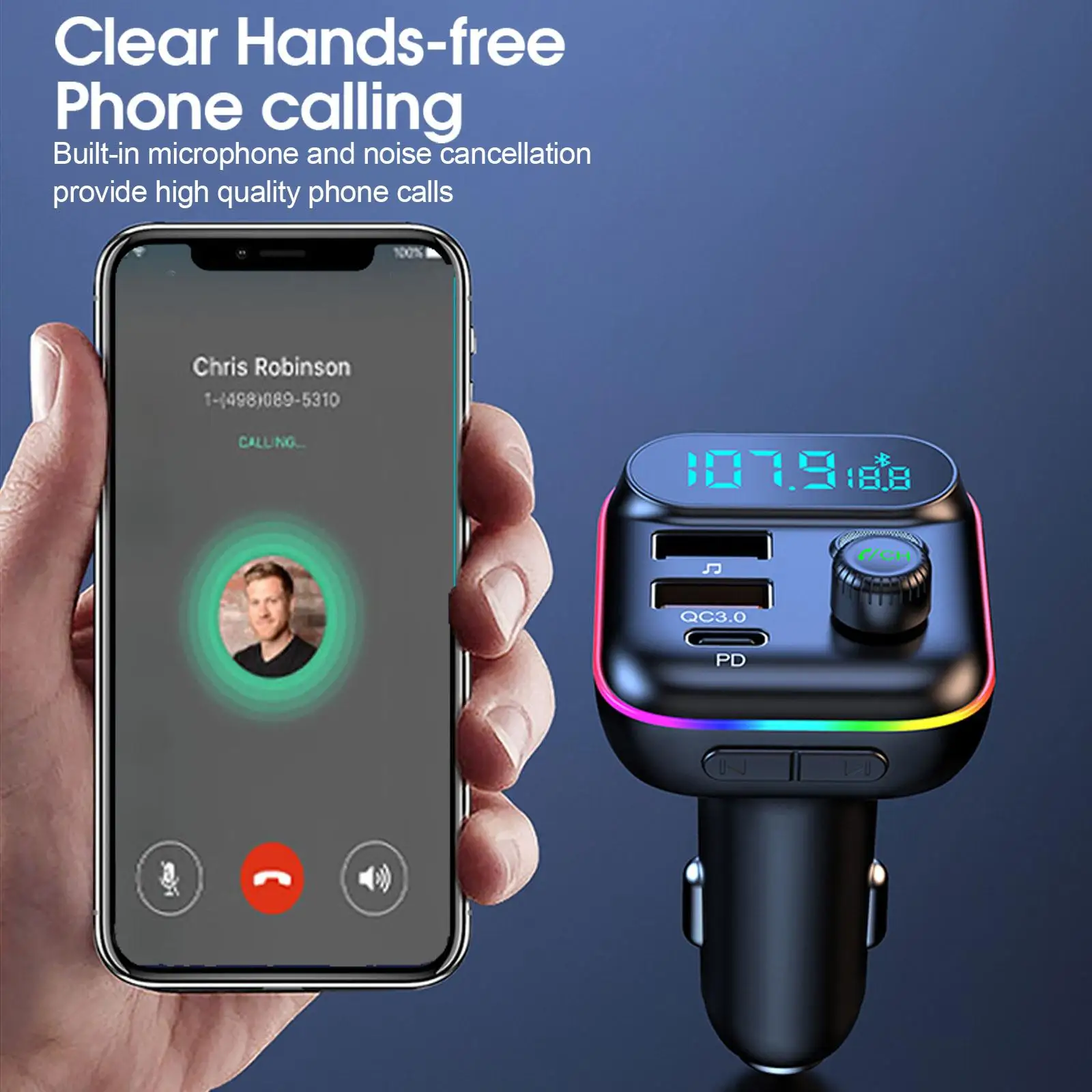 FM Transmitter Car Fast Charge Bluetooth 5.0 FM Transmitter PD Dual Player Music Type-C Colorful Ambient MP3 Light Cigarette Lighter USB