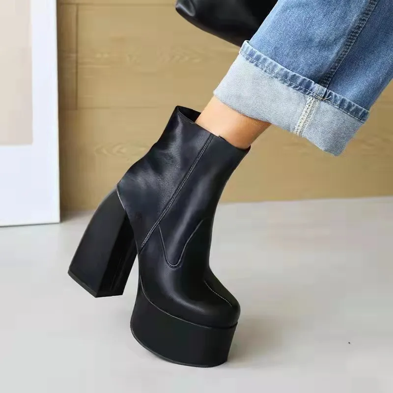Punk Style Autumn Winter Boots Elastic Microfiber Shoes Woman Ankle Boots High Heels Black Thick Platform Long Knee High Boots