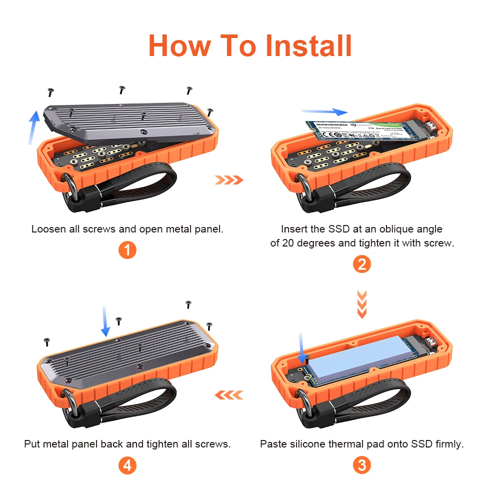 Qwiizlab NVMe & SATA Dual Protocol SSD Enclosure M.2 to USB 3.2 Gen2 Adapter 10Gbps Rugged Zinc Alloy Waterproof IP66 6