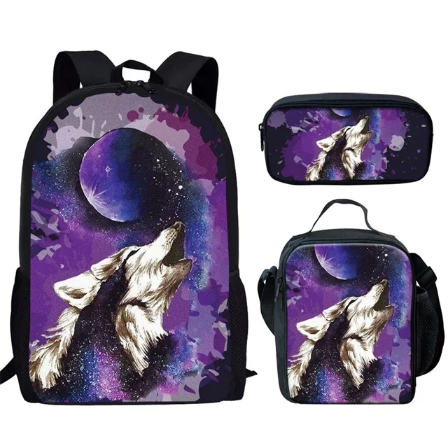 Classic Creative Moon Wolf Funny Moon Wolf 3D Print 3pcs/Set pupil School Bags Laptop Daypack Backpack Lunch bag Pencil Case