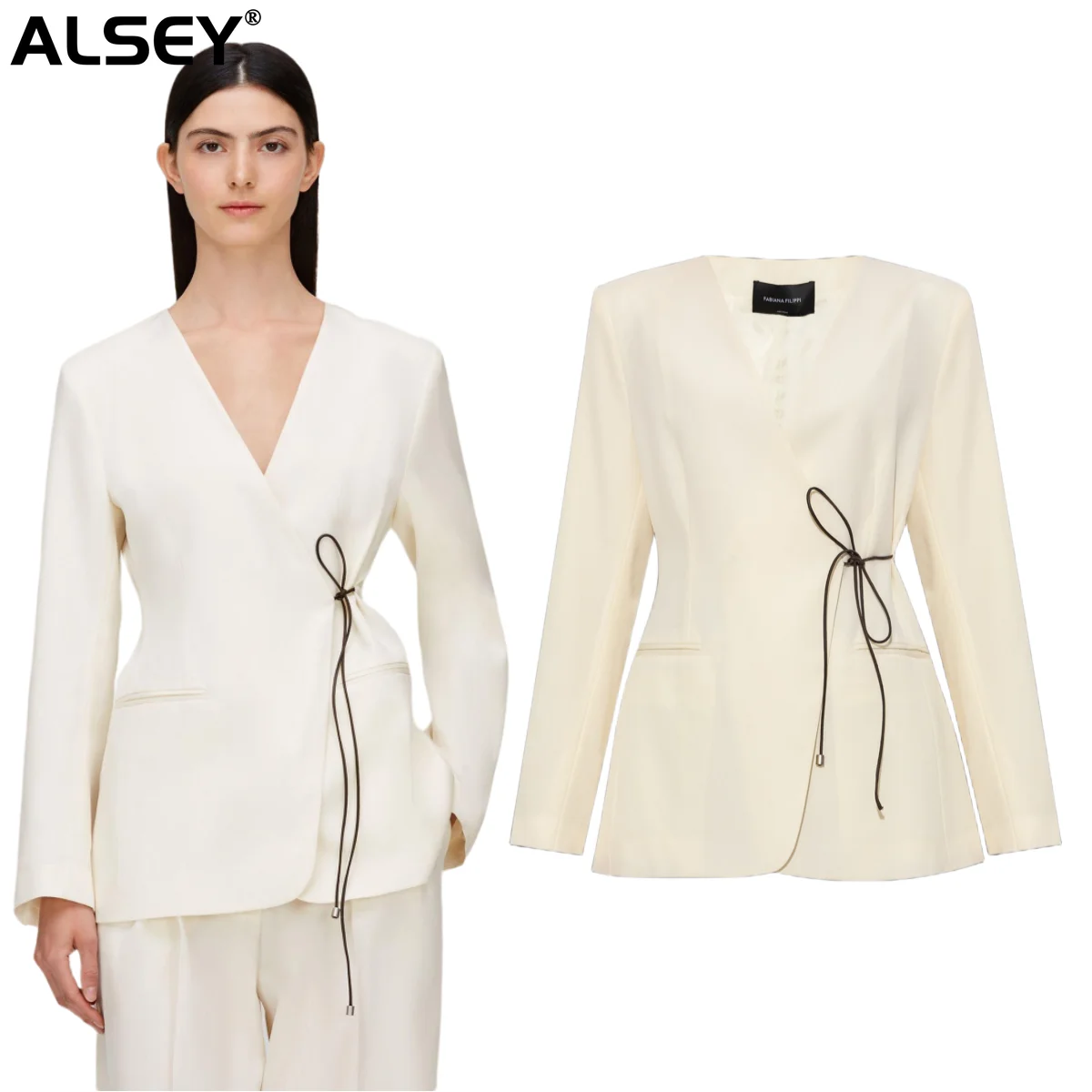 

ALSEY High-quality 2023 Fall High-custom Women's Suit White V-neck Nine-minute Sleeve Japan and South Korea Fashion Jacket Spot