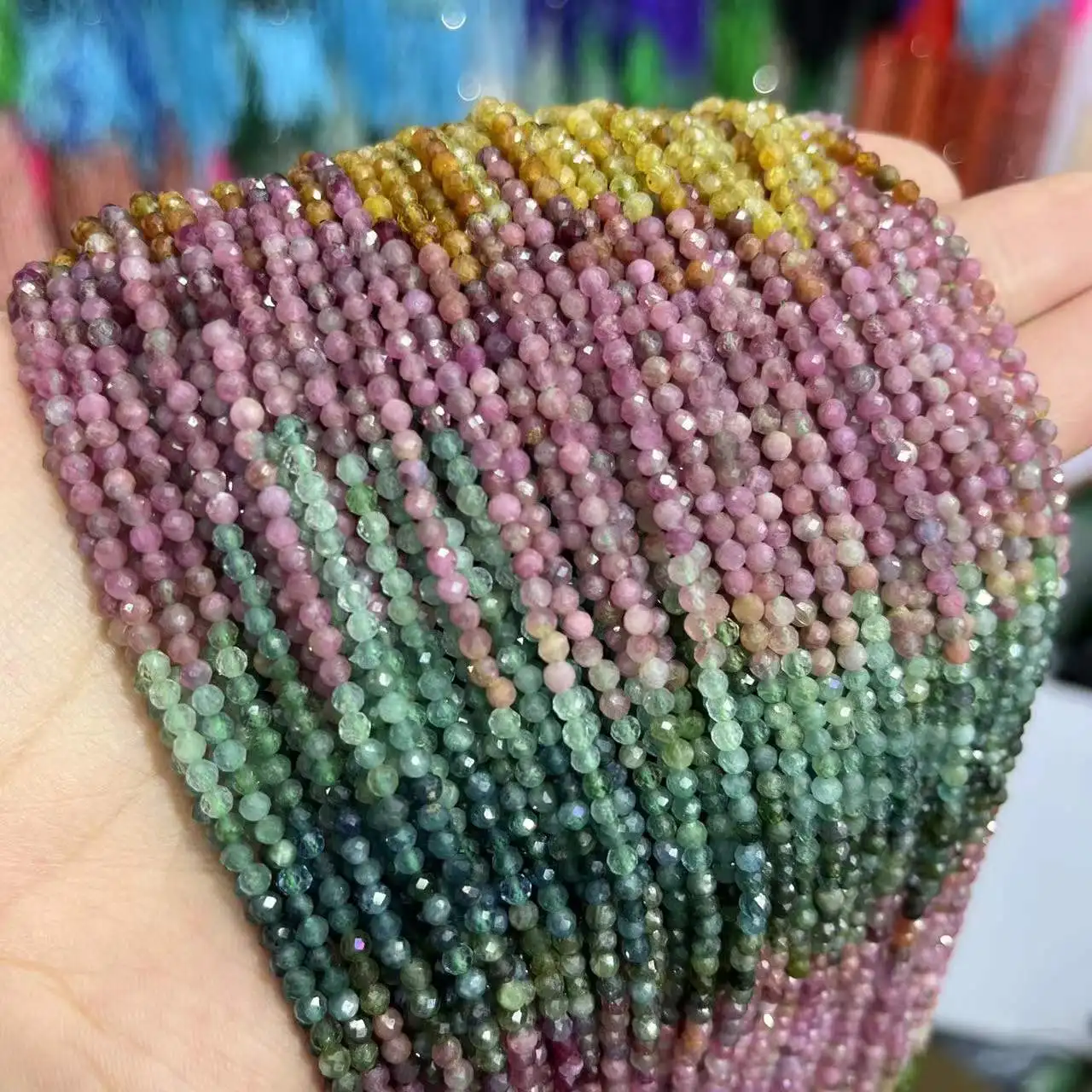 2/3/4MM Gradient Tourmaline Faceted Round Natural Stone Loose Spacer Beads For Jewelry Making DIY Bracelet Necklace 15” Wholesal