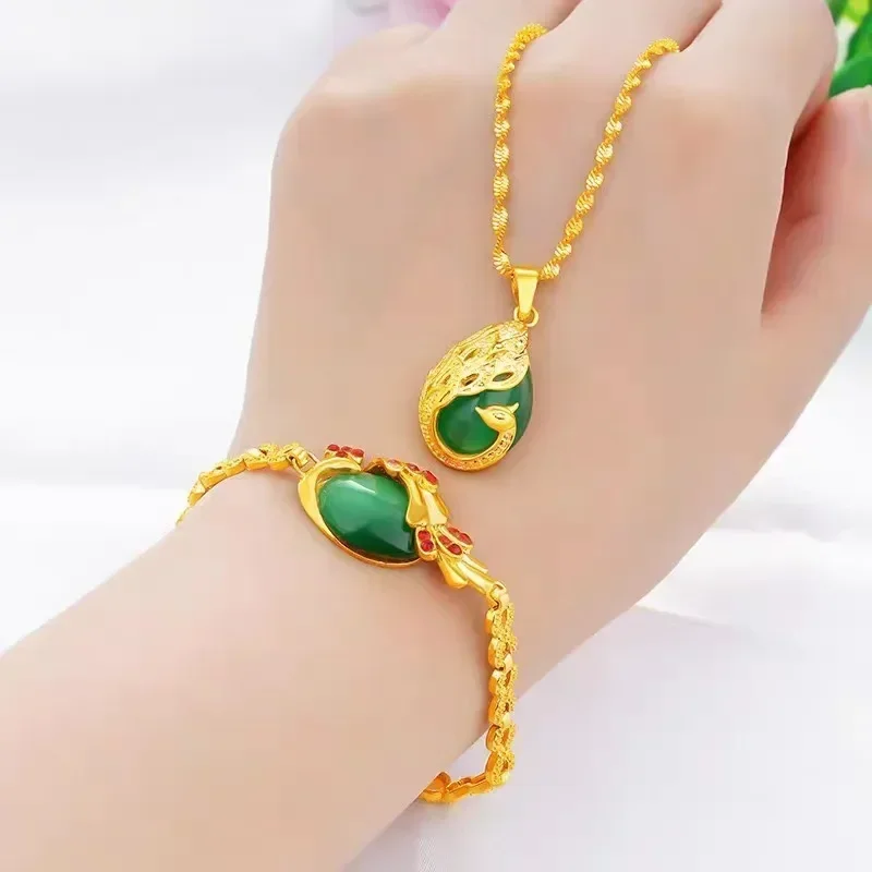 9999 Real 24K Yellow Gold Ladies' Necklace & Bracelet Set-Peacock Pendant with Cat's Eye, AU585 Gold Jewelry
