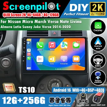 Radio para Auto Android 16 con Carplay y Bluetooth para Nissan Micra, March, Versa Note, Livina, Almera, Latio, Sunny, Juke, Versa 2014-2020, 2Din 1