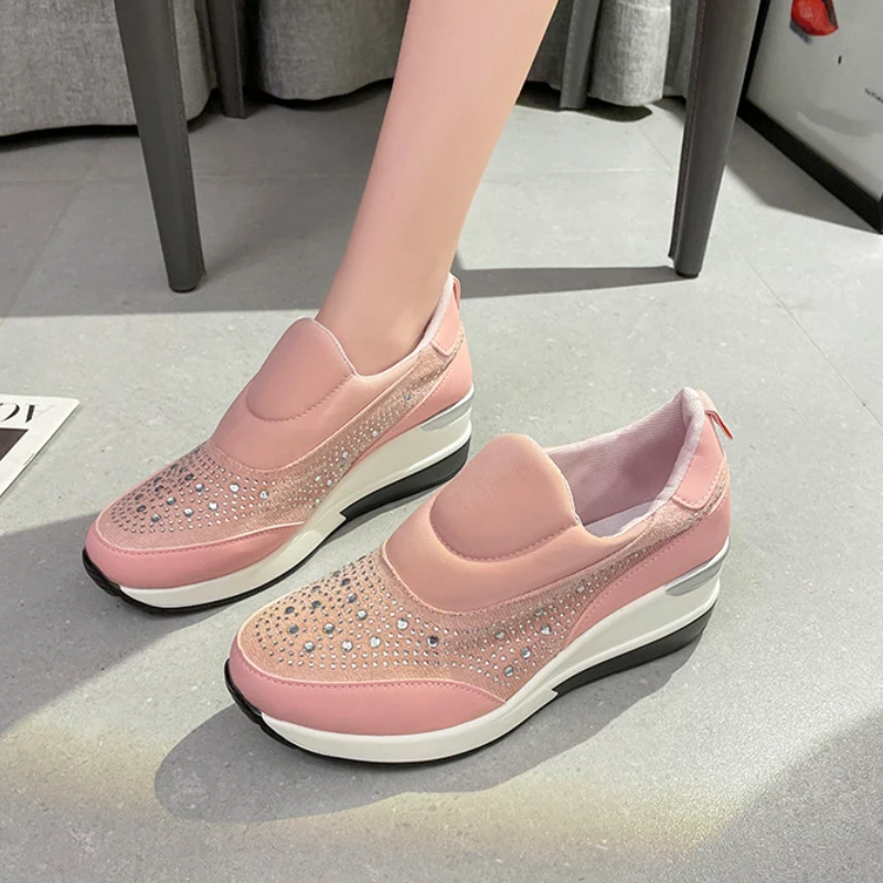 

2023Fashion Rhinestone Sneakers Women Large Size Comfortable Casual Shoes Solid Color Round Head Loafers Zapatillas De Mujer