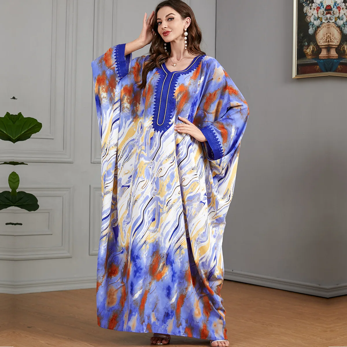 

Summer Elegant Muslim Women Plus Size Long Sleeve Polyester Printing Blue Green Long Abaya Muslim Fashion Dresses Abaya Dress