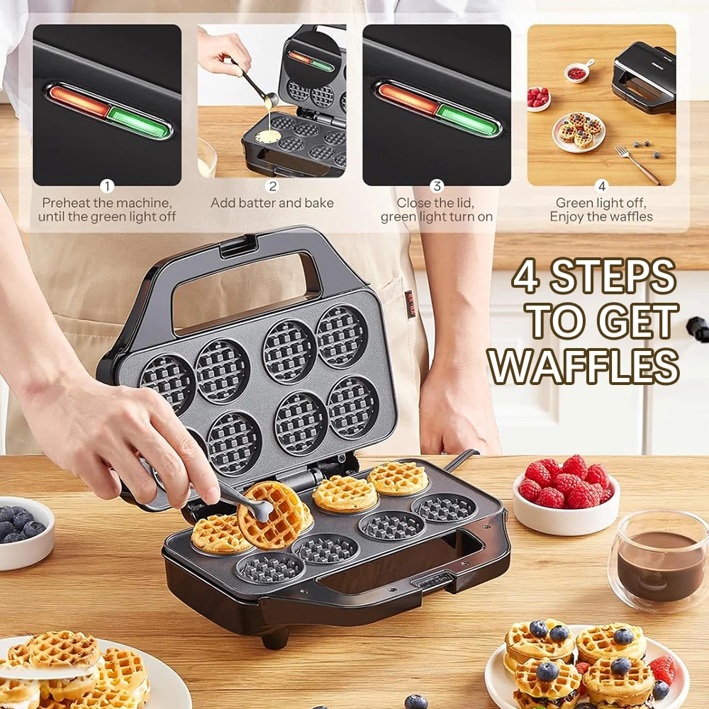Waffle Maker Mini 8 x 2'' Tiny Waffle Cooking Machine Nonstick for Kids Snack Breakfast
