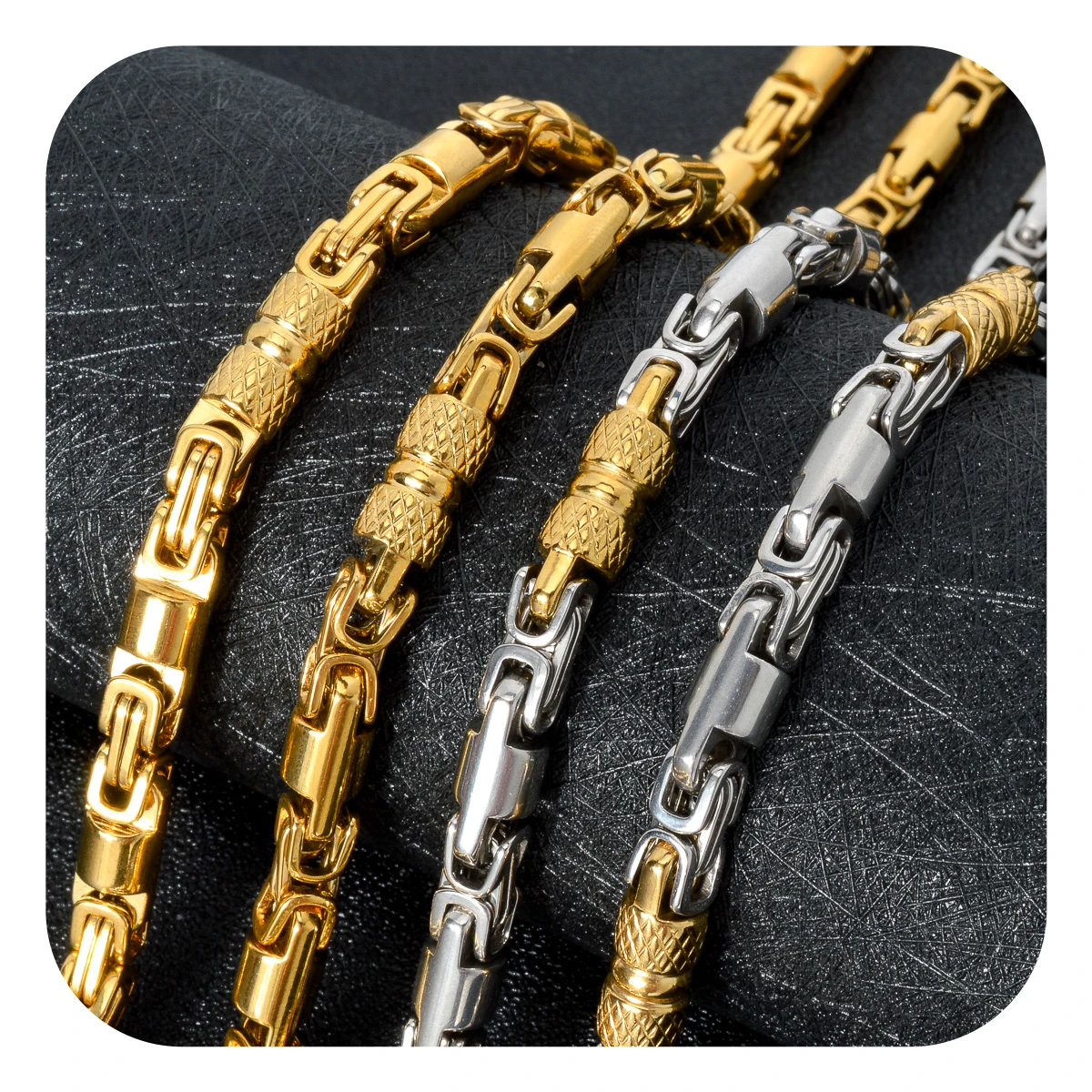 Herren Vintage Punk Strukturierte Zylinder-Gliederkette 18K Vergoldeter Edelstahl Zweifarbig Gold Silber Hip-Hop Schmuck für den Alltag – Detail 10