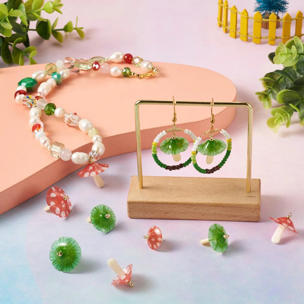 50Pcs Plastic Pendants Colorful Mushroom Charms With Acrylic & Golden Plated Brass Loops For Women Earring Diy Jewelry Making