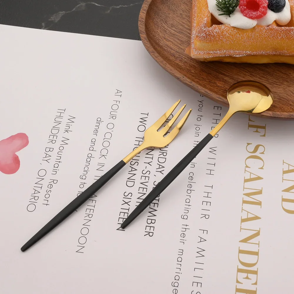Stainless Steel Mirror Gold Fork Spoon Set Cake Fork Snack Salad Coffee Fruit Spoon Cutlery Kitchen Dinnerware Set 12Pcs western style cutlery set,camping cutlery set,stainless steel cutlery set,picnic cutlery set,cutlery set