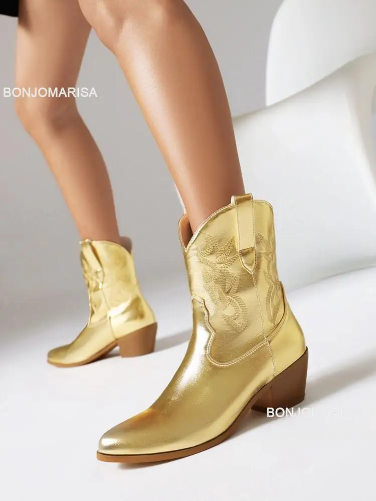 Women Cowboy Cowgirls Boots Embroidery Metallic Punk Boots In Gold Sliver Ankle mid Heel Shoes Autumn Winter Pointed Toe Brand