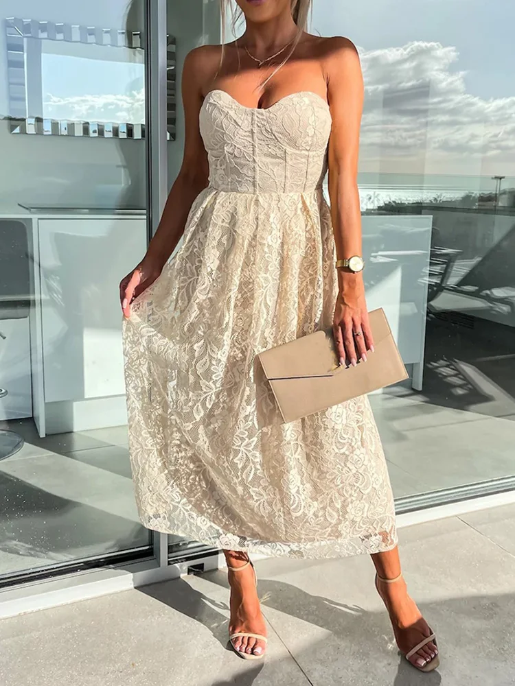 

Women Summer Lace Strapless Party Dress 2023 New Elegant Sleeveless Sexy Ladies Maxi Dress Fashion Loose Fit Streetwear Vestidos
