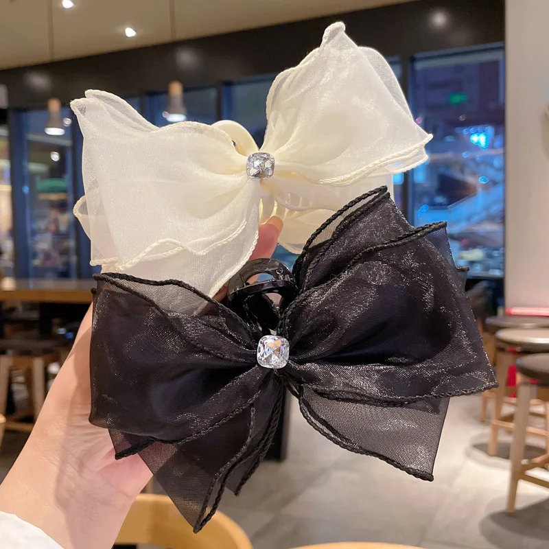 Korean Large Butterfly Knot Hair Clip Summer Mesh Rhinestone Versatile Shark Clamp Women's Headwear Professional Salo