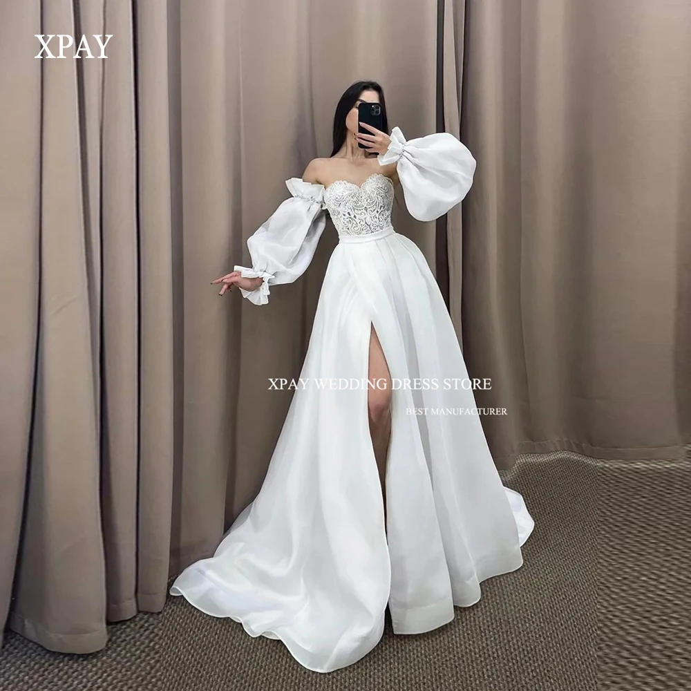 

XPAY Elegant A Line Organza Wedding Dresses Appliques Puff Long Sleeves Strapless Sweetheart Split Dubai Arabia Bridal Gowns