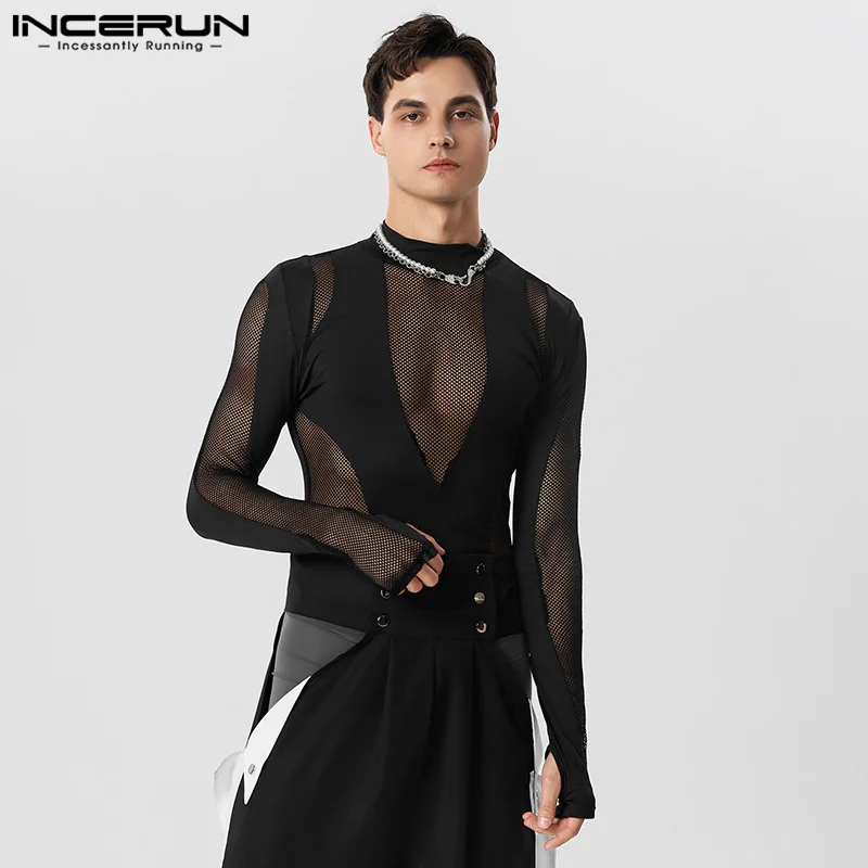 Men Bodysuits Mesh Patchwork Transparent Turtleneck
