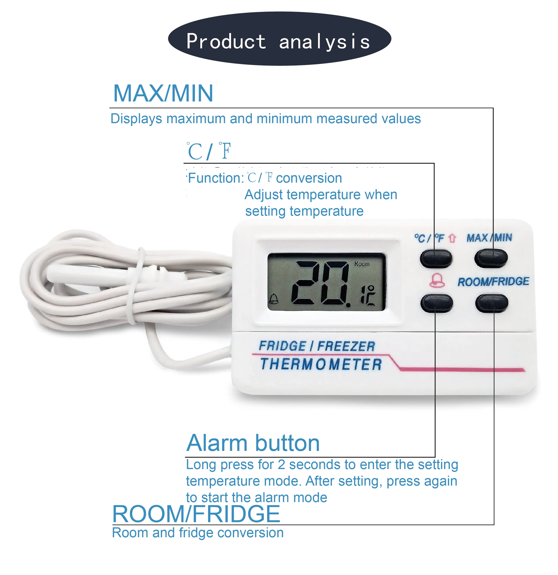 Thermometer Digital Refrigerator, Freezer, Freezer Magnetic Thermometer with Alarm Clock 3