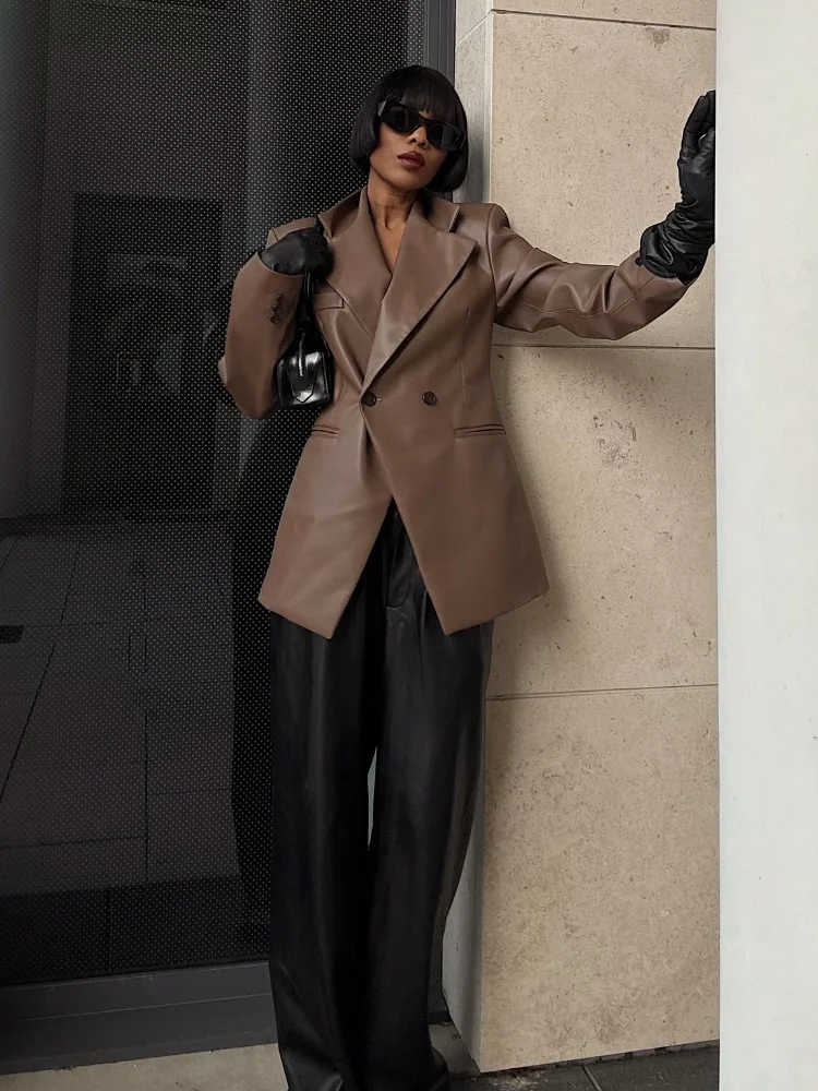 Retro Double-breasted Leather Jacket Women Chic Lapel Full Sleeves