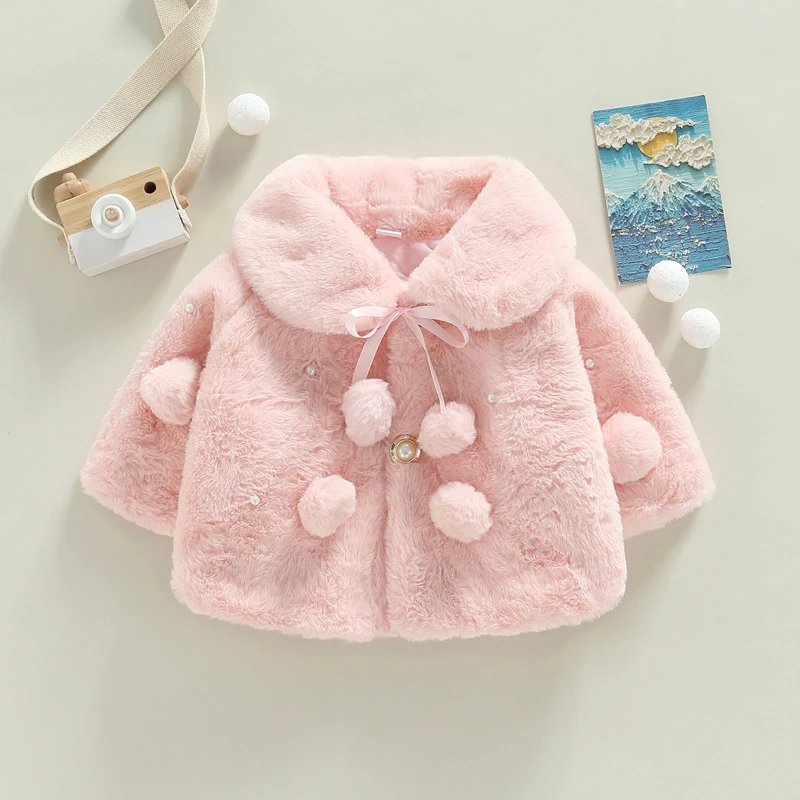0-18months Toddler Girl Winter Jacket Wide Lapel Long Batwing Sleeve Fur Coat For Girl Pearl Decoration Snow Wear Cloak